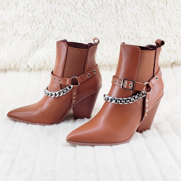 Demitri Tan Western Cowgirl Cowboy Pull On Elastic Panel Ankle Boots - Picture 5 of 11